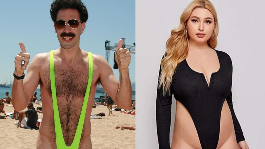 (Esq.): o personagem Borat com seu "mankini"; (Rir): modelo da marca Shein usando peça de roupa - Divulgação/Twentieth Century Fox France/Divulgação/Shein