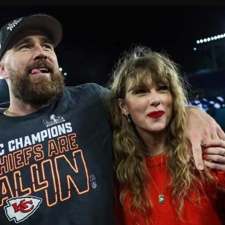 Taylor Swift e Travis Kelce após vitória do Kansas City Chiefs