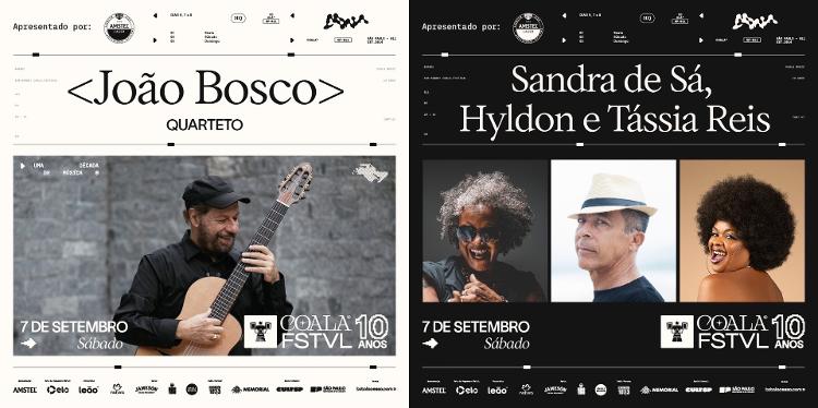 Cartazes do Coala Festival que anunciam João Bosco e Sandra de Sá com Hyldon e Tássia Reis