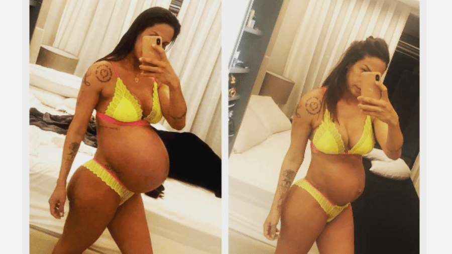 Lizi Benites aos 9 meses de gestação e agora, cinco dias após dar à luz - Reprodução/Instagram