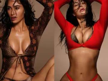 Molhada e selvagem, Kim Kardashian posa sexy em fotos de marca de biquíni