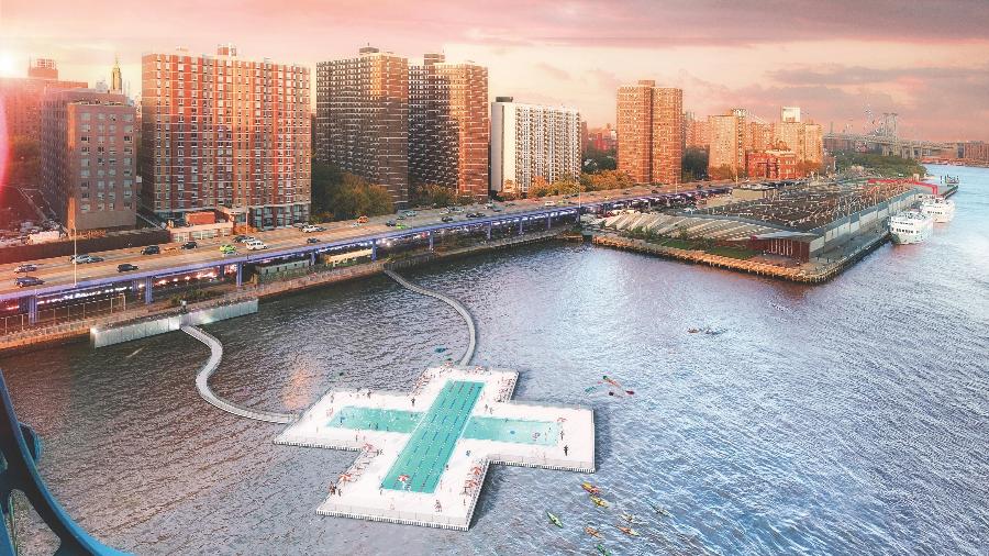 A piscina + Pool flutuará no East River, a céu aberto, e usará a água do próprio rio