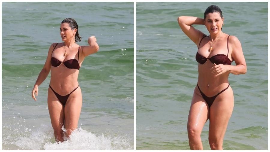 Flávia Alessandra se refrescou na praia da Barra da Tijuca