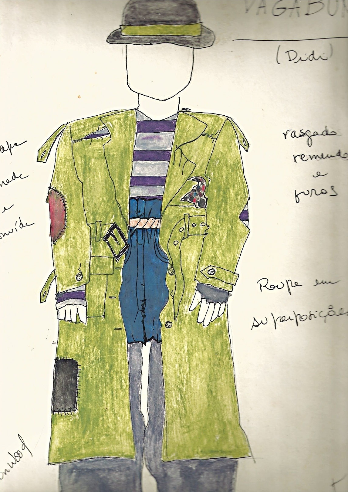 Esboço do figurino usado por Renato Aragão no filme "Bonga, O Vagabundo", de 1969 - Divulgação