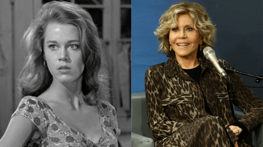 Jane Fonda em cena do filme "Pelos Bairros do Vício", de 1962, e em entrevista à rádio "SiriusMX" em 2018 - Reprodução/Getty Images