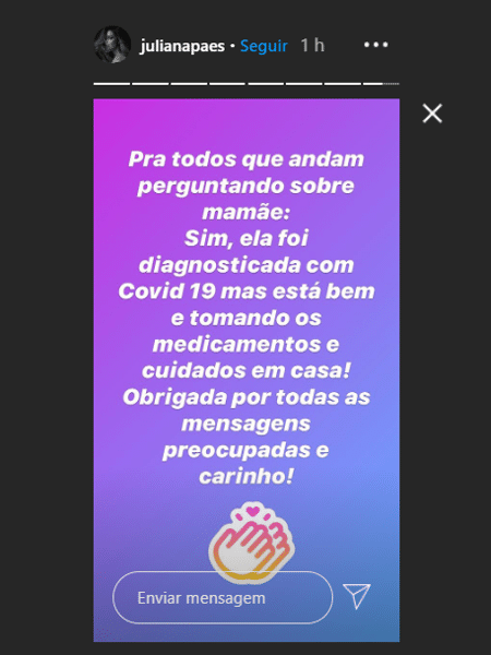 Juliana Paes confirmou que a mãe está com covid-19 nos stories do Instagram - Reprodução / Instagram - Reprodução / Instagram