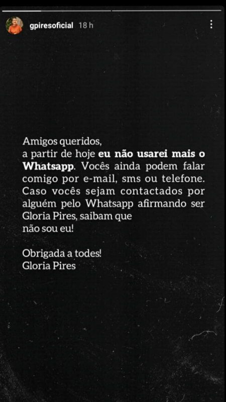 Glória Pires utilizou os Stories do Instagram para anunciar que não utilizará mais o WhatsApp - Reprodução/Instagram - Reprodução/Instagram