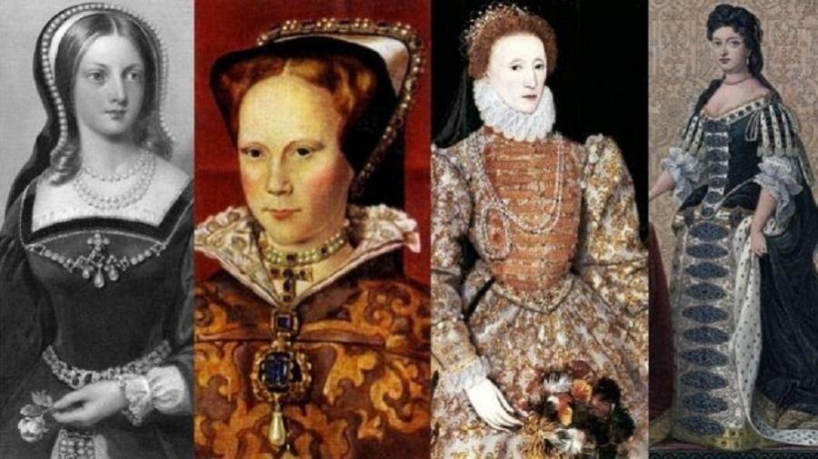 Da esquerda para a direita e com anos de reinado: Joana I, 10 a 19 de julho de 1553; Mary 1ª , 1553-1558; Elizabeth 1ª , 1558-1603; Mary 2ª, 1689-1694. - Getty Images