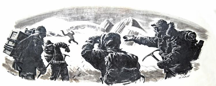 Ilustração dos anos 50 mostra escaladores avistando o Abominável Homem das Neves