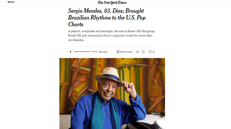 New York Times reporta a morte de Sergio Mendes