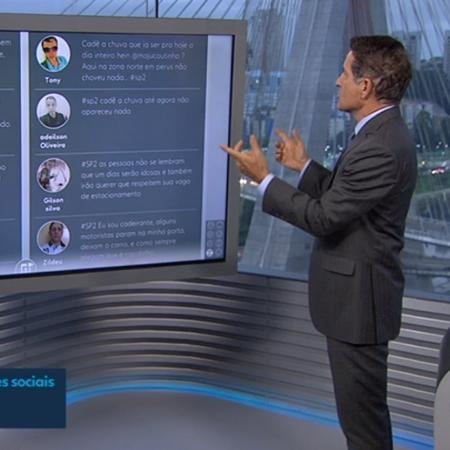 Carlos Tramontina lê tweets do público cobrando a previsão do tempo correta de Maju Coutinho - Reprodução/TV Globo - Reprodução/TV Globo