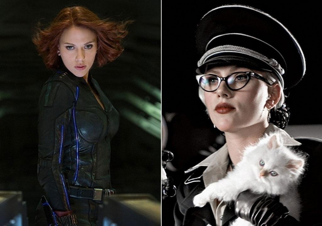 Scarlett Johansson em cena nos filmes "Vingadores: Era de Ultron" (2015) e "The Spirit - O Filme" (2008) - Divulgação
