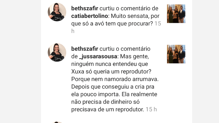 Mais comentários falando mal de Xuxa e Sasha, curtidos por Beth Szafir - Reprodução/Instagram - Reprodução/Instagram
