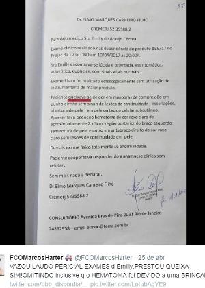 O exame médico realizado em Emilly foi publicado no Twitter do fã-clube de Marcos Harter - Reprodução/Twitter - Reprodução/Twitter