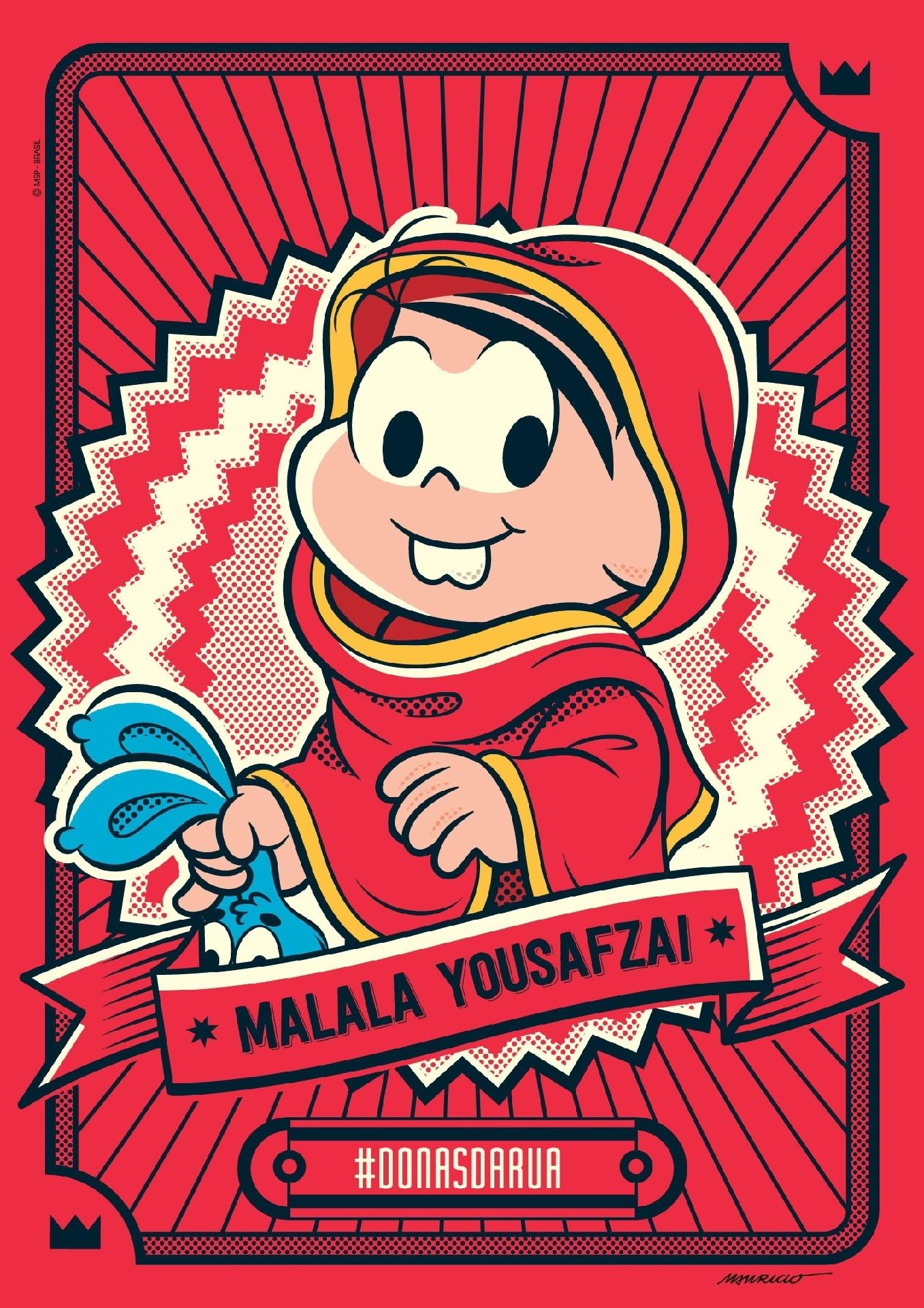 A a ativista e Prêmio Nobel da Paz, Malala Yousafzai, interpretada pela Dona da Rua em pessoa, Mônica - Divulgação