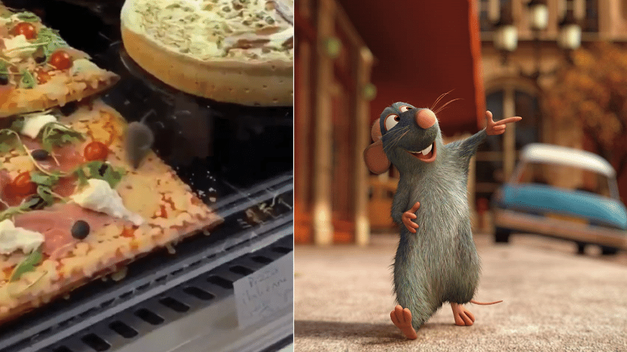 O vídeo do ratinho na pizza que está circulando na web, e o Remy de Ratatouille - Reprodução/Twitter, Divulgação/IMDb