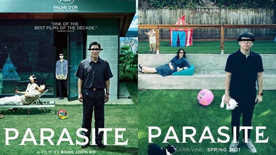 Foto do cartaz original do filme "Parasita" (à esquerda) e montagem feita pelo casal para anunciar a gravidez (à direita) - Divulgação/IMDb e Reprodução/Reddit/notdagreatbrain