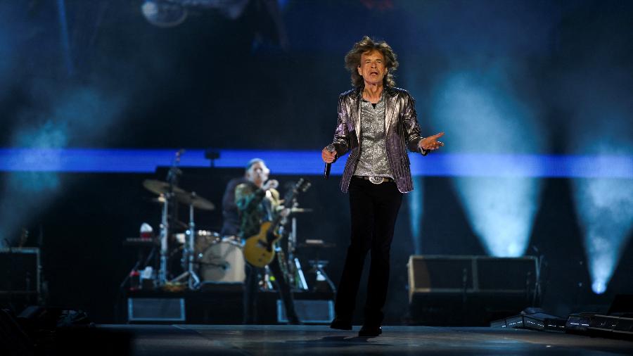 Mick Jagger durante show de abertura da turnê americana Hackney Diamonds do Rolling Stones no NRG Stadium, em Houston, no Texas