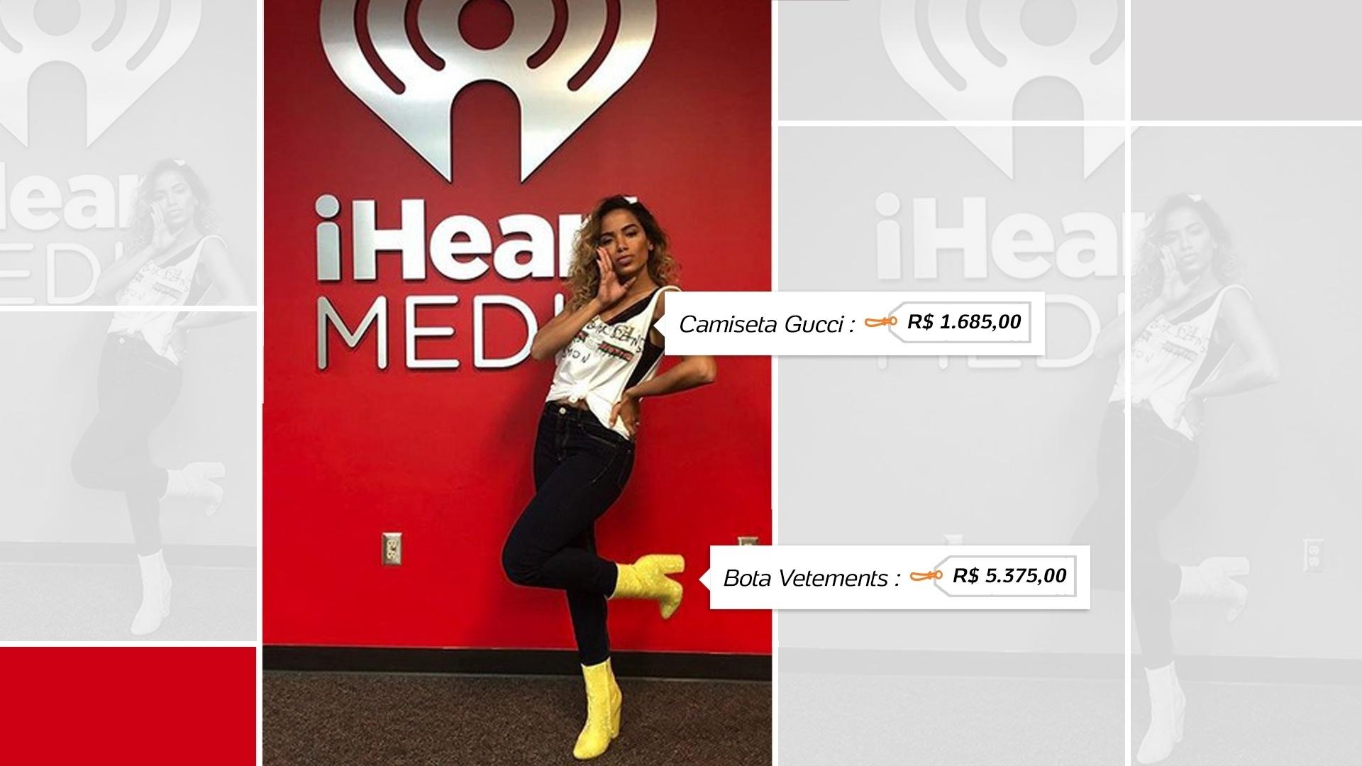 A cantora dona do sucessio "Vai Malandra" posa  cheia de estilo com a camiseta Gucci de  R$ 1.685,00 e botas Vetements, que custam R$ 5.375,00 - Reprodução/Instagram/Arte UOL