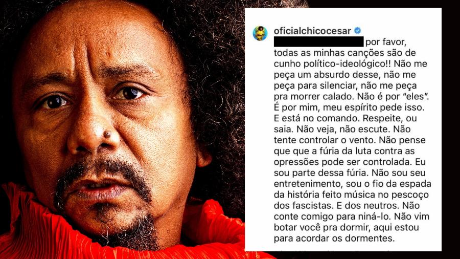 Chico César dá resposta-poesia sobre músicas políticas - Montagem com foto de José de Holanda / Divulgação