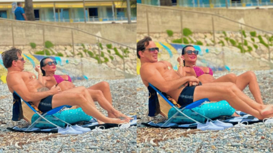 Gretchen posa ao lado do marido em praia no sul da França