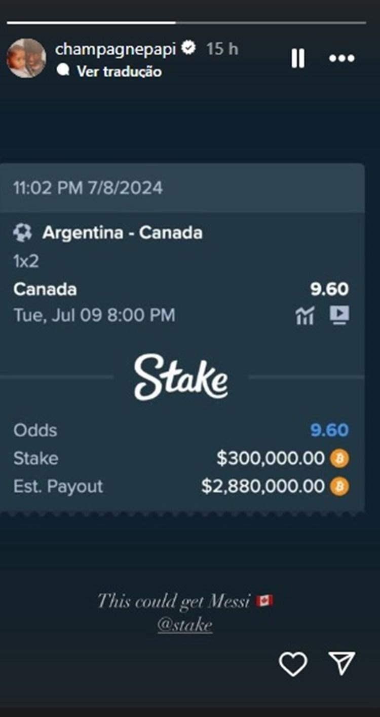 Drake faz aposta milionária em vitória do Canadá sobre a Argentina