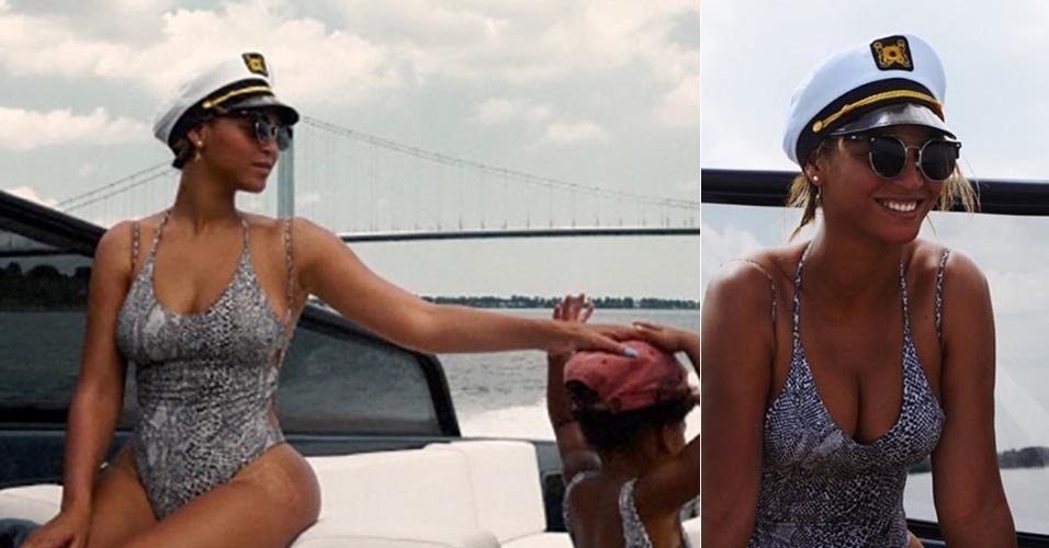 21.ago.2015 - Ao lado da filha Blue Ivy, Beyoncé curte dia de sol a borda de uma lancha em Long Island, Nova York