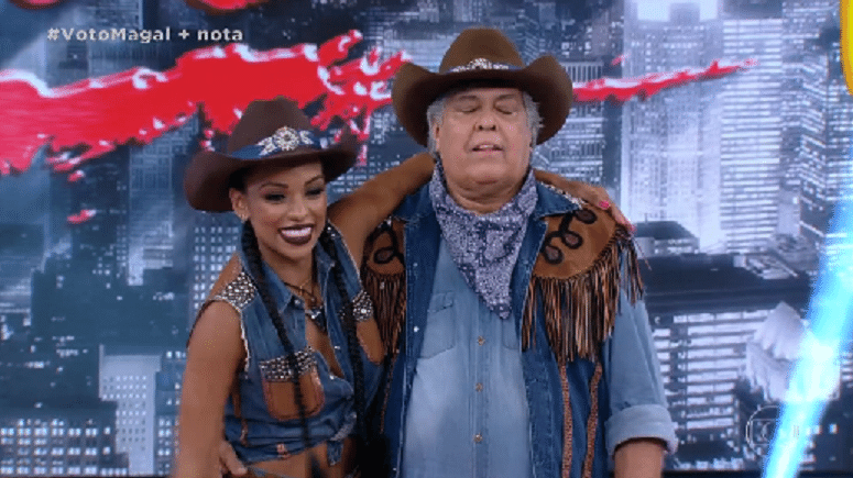 20.nov.2016 - Rainer Cadete, Sidney Magal, Nego do Borel, Felipe Simas, Brenno Leone, Sophia Abrahão e se prepararam para dançar ao som de músicas country, um ritmo predominantemente americano - Reprodução/TV Globo