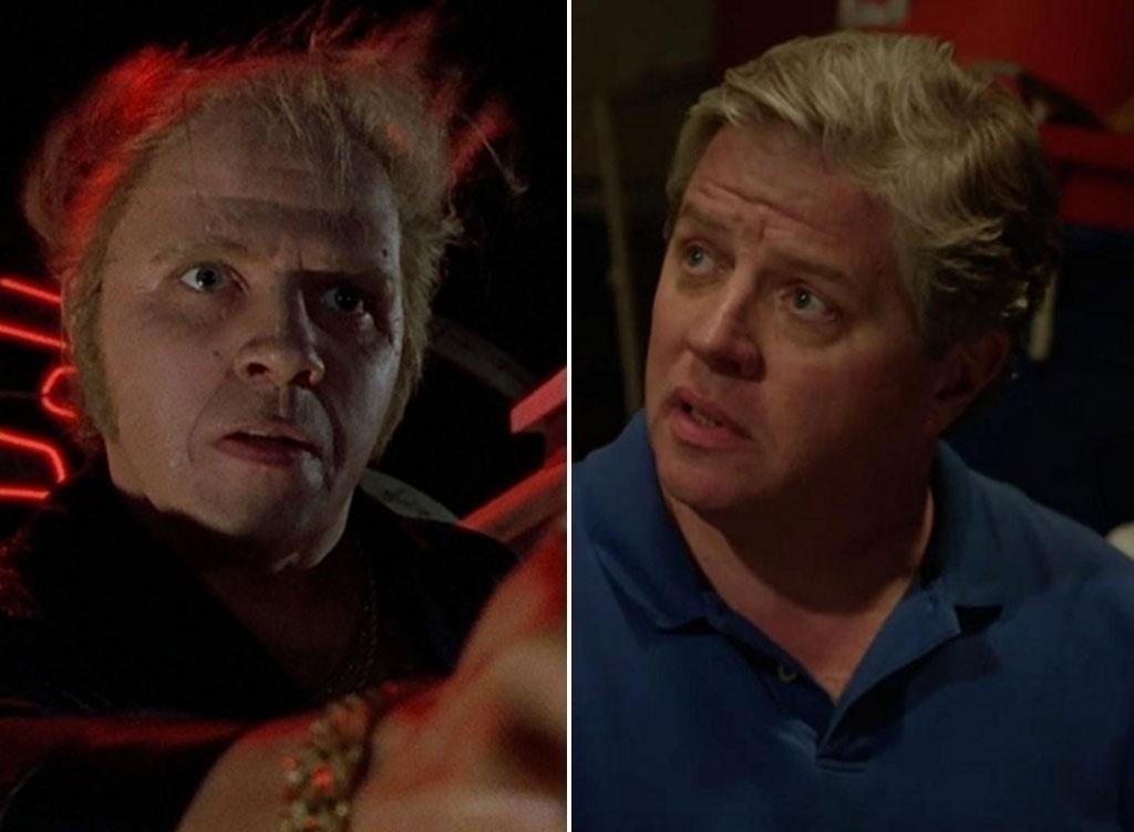 À esquerda, Thomas F. Wilson no papel do personagem Biff mais velho em "De Volta para o Futuro 2" (1989). À direita, Wilson em 2013 na série "Zach Stone Is Gonna Be Famous" - Reprodução