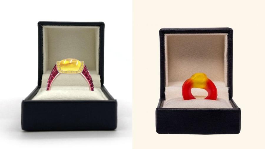 O anel em ouro rosa (à esq.) é inspirado nos doces com formatos de anel (à dir.), famosos nos anos 90 - Divulgação/Taylor & Hart
