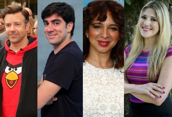 Jason Sudeikis, Marcelo Adnet, Maya Rudolph e Dani Calabresa, dubladores das versões em inglês e português de "Angry Birds" - Reprodução/Montagem