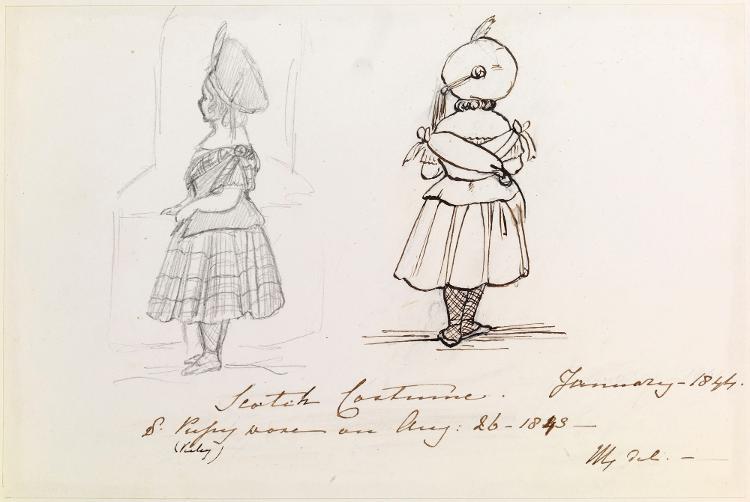 Desenho feito pela rainha Vitória da própria filha vestida em típico traje escocês com tartã. A estampa xadrez, aqui exaltada pela monarca, chegou a ser proibida pela Coroa no país durante o século 18
