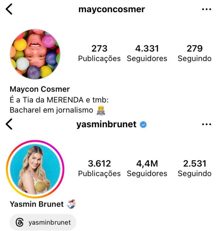 Número de seguidores Yasmin Brunet e Maycon antes do anúncio do "BBB 24"