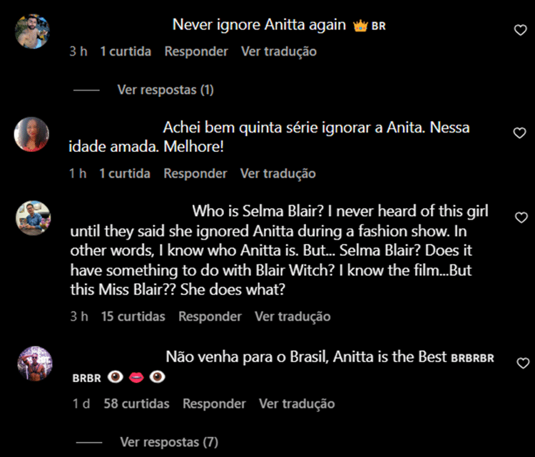 Comentários de fãs de Anitta nas fotos de Selma Blair