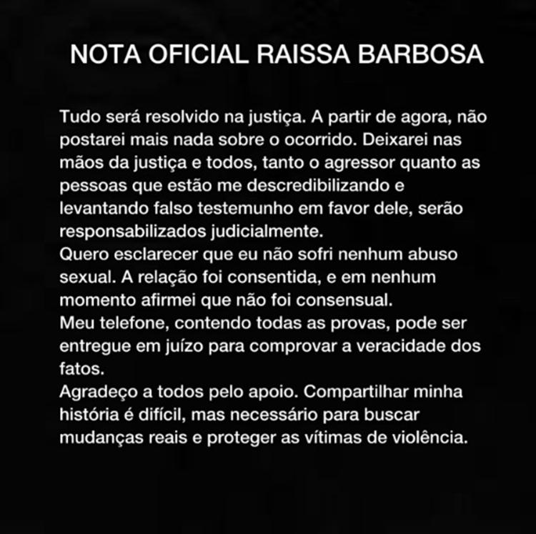 Raissa Barbosa posta nota oficial após acusações