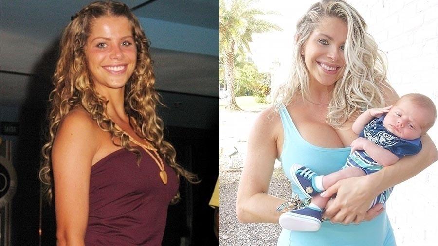 A loira em 2003, aos 23 e aos 40, plena, com o pequeno Enrico no colo, fruto de inseminação artificial e de uma maternidade independente. Menos de dois meses após o parto, ela já emagreceu 16 quilos. "A dieta da amamentação está sendo a mais eficaz.  É claro que estou procurando a me alimentar de forma saudável...", contou em seu Instagram - João Cordeiro Jr./Folha Imagem e Reprodução/Instagram