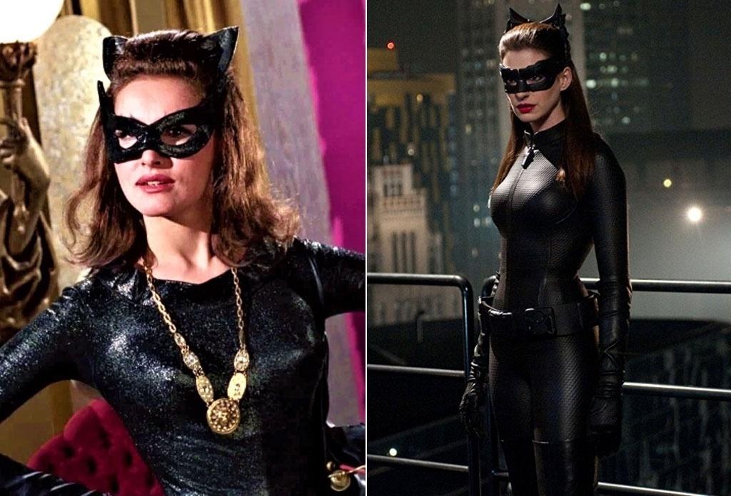 À esquerda, Julie Newmar como a Mulher-Gato na série "Batman" (1966-68). À direita, Anne Hathaway em "Batman: O Cavaleiro das Trevas Ressurge" (2012) - Divulgação