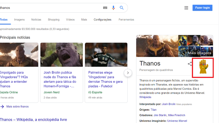 Página do Google após pesquisa pelo nome "Thanos" - Print/UOL - Print/UOL