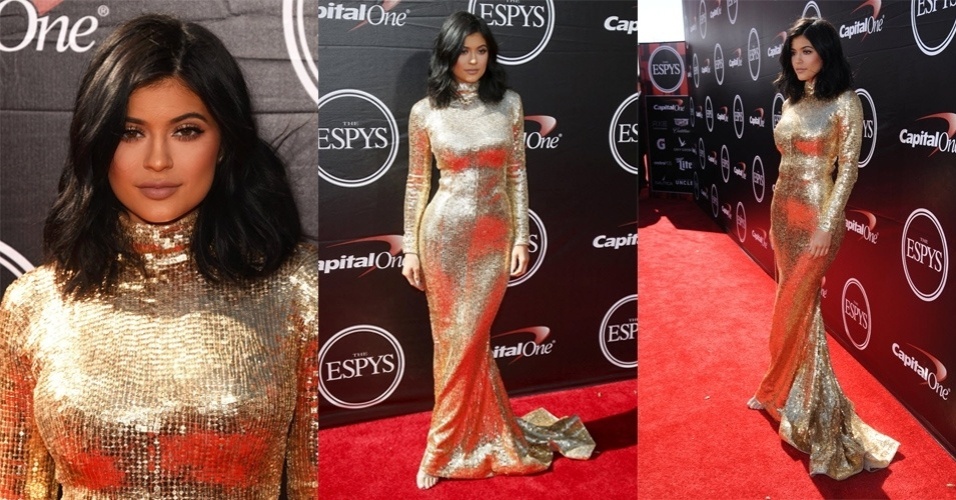 15.jul.2015 - Kendall Jenner, filha de Caitlyn Jenner, abusa do dourado no tapete vermelho do ESPY Awards 2015, na noite desta quarta-feira, em Los Angeles, nos Estados Unidos