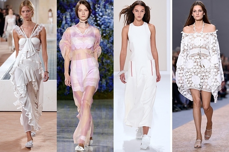 Montagem com vestidos brancos Balenciaga, Dior, Hermés e Chloe da Semana de Moda de Paris - Montagem UOL