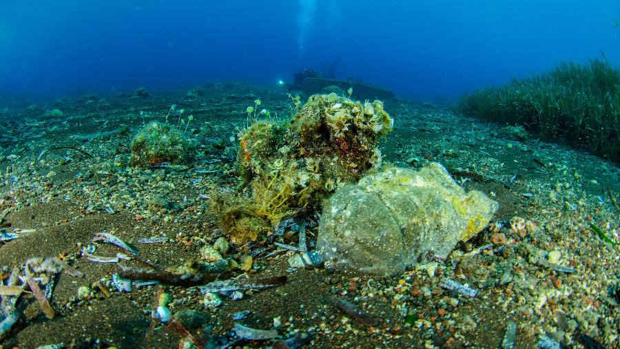 Garrafa de plástico no fundo do mar fotografada durante expedição na Sicília, Itália - Juan Cuetos/Oceana