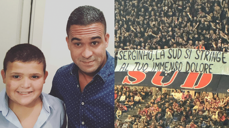 O ex-lateral Serginho, ao lado do filho Diego; torcedores do Milan, um dos clubes pelo qual o jogador passou, mandaram apoio a ele: 'A [torcida Curva] Sul se une à sua imensa dor', diz faixa