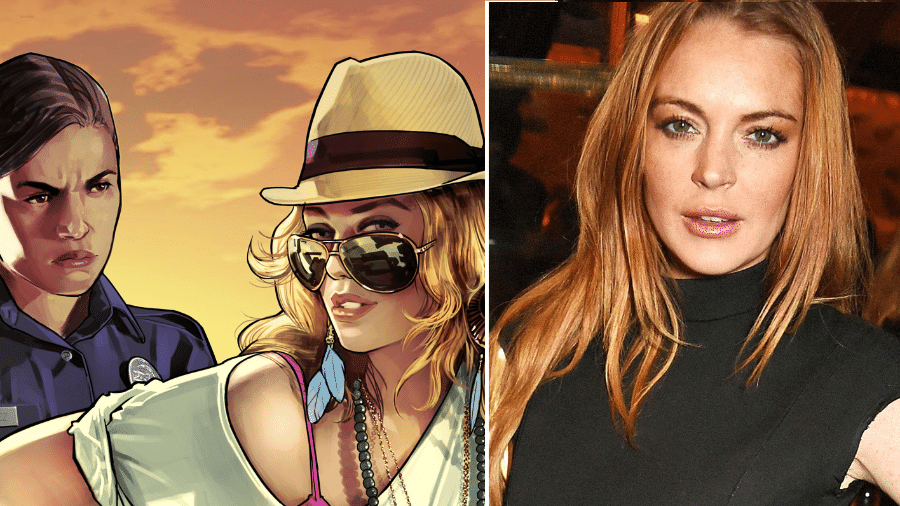 Lindsay Lohan e sua personagem no "GTA" - Reprodução/GettyImages/Montagem