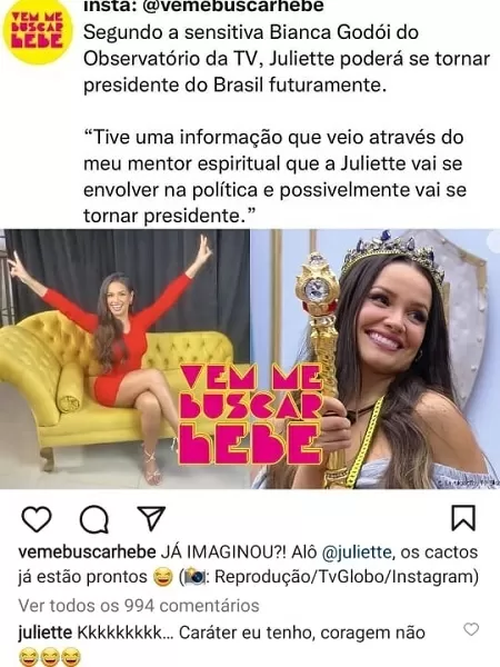 Juliette diz que não tem coragem de concorrer ao cargo de presidente da República - Reprodução/Instagram - Reprodução/Instagram