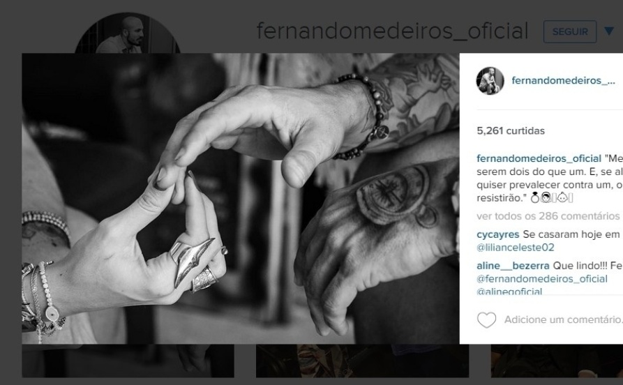 14.out.2015- Após casar no civil com Aline Gotschalg, Fernando Medeiros publicou no sei Instagram uma foto da troca de alianças e escreveu na legenda:"Melhor é serem dois do que um. E, se alguém quiser prevalecer contra um, os dois lhe resistirão." - Reprodução/Instagram/@fernandomedeiros_oficial