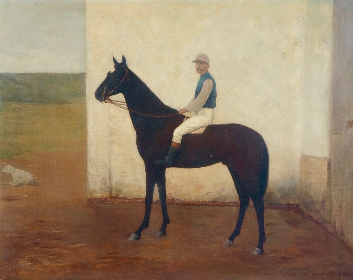 Jockey, cavalo puro sangue e ovelha em estrebaria, de Almeida Júnior (1980), tela 80 x 100 cm. Lance inicial: R$ 120 mil - Divulgação