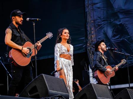 Irmãos Gabriela Melim, Rodrigo Melim e Diogo Melim, da banda Melim, no Rock in Rio 2019 - LORANDO LABBE/FOTOARENA/ESTADÃO CONTEÚDO