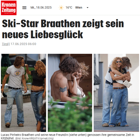 Namoro de Isadora Cruz e Lucas Braathen virou manchete no site austríaco Kronen Zeitung Namoro de Isadora Cruz e Lucas Braathen virou manchete no site austríaco Kronen Zeitung