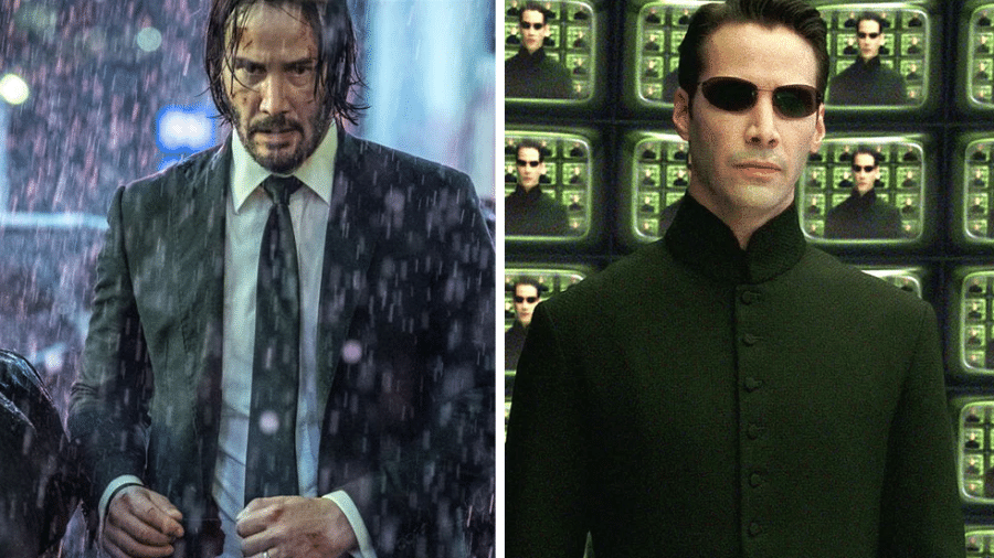 Keanu Reeves em "John Wick 3" e em "Matrix" - Reprodução/Montagem