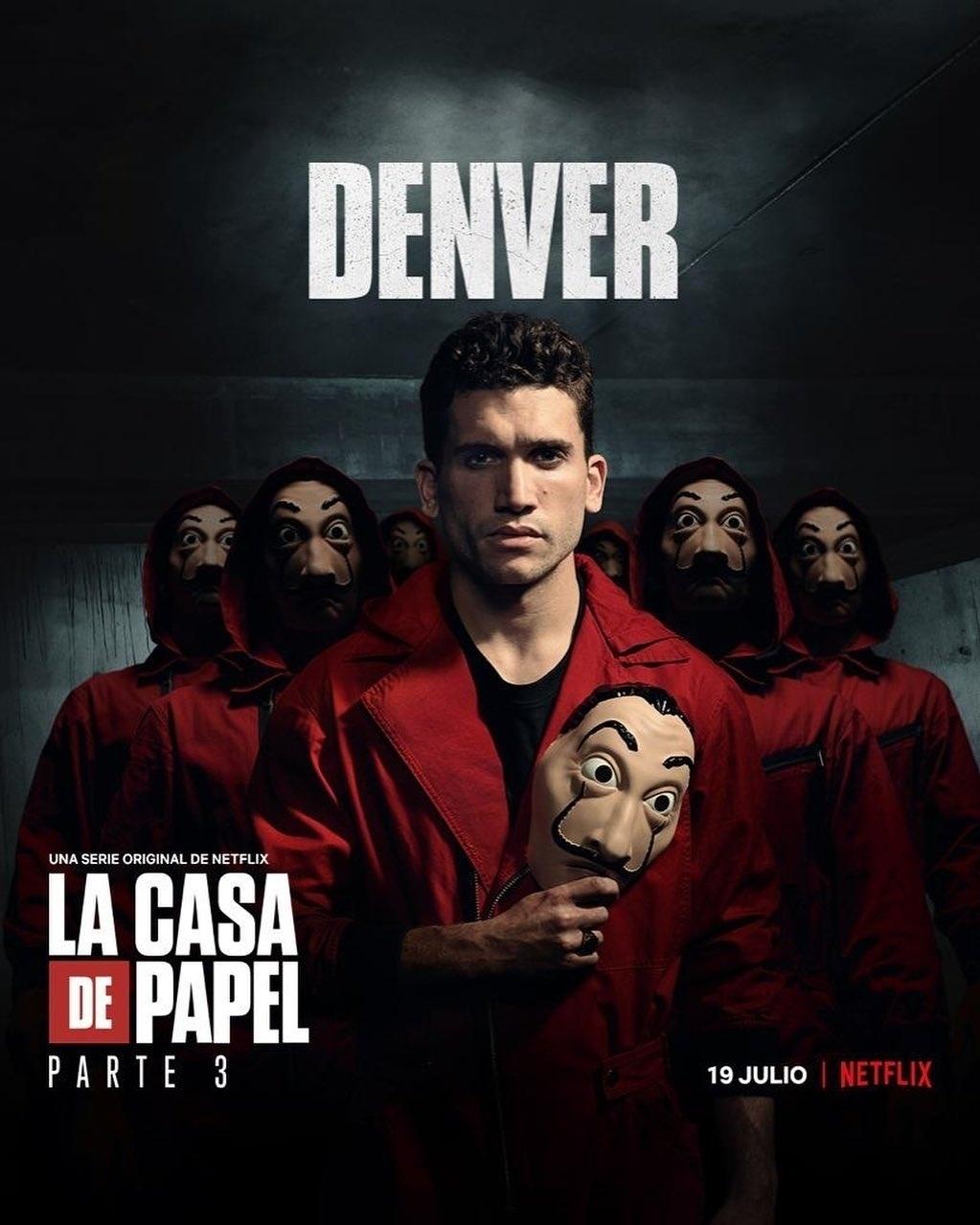Denver, personagem de Jaime Lorente, em pôster da parte 3 de La Casa de Papel - Divulgação